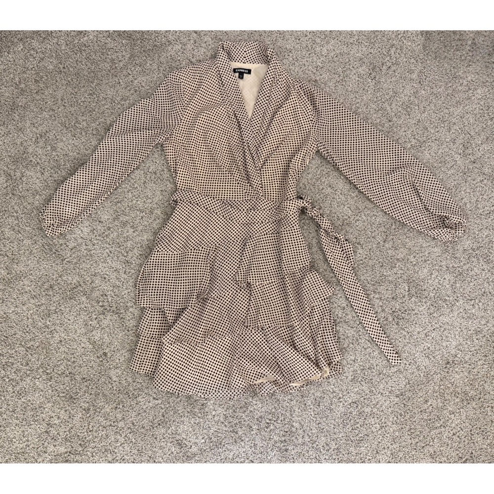 Express Polka Dot Wrap Mini Dress Brown Cream Tiered Ruffle Long Sleeve XS - Picture 5 of 9